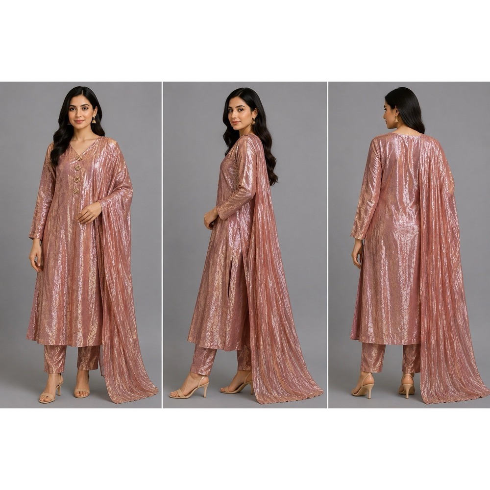 Women's Rose Gold 3 Piece Pakistani Indian Kurta Pants Dupatta Set A43